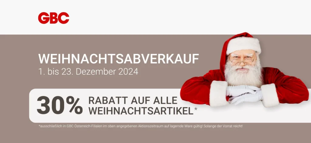 Großer Weihnachtsabverkauf in allen GBC Österreich-Filialen: 30% Rabatt auf alle Weihnachtsartikel